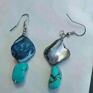Vintage Handmade  turquoise and dark blue  shell silver Tone earrings